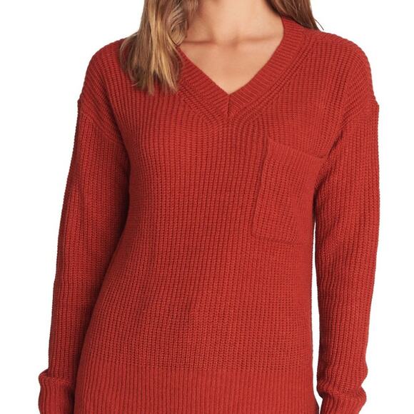 SANCTUARY Rust Red Knit V-Neck Sweater Pocket SP NWOT Cozy Pullover Petite Small - Picture 2 of 6